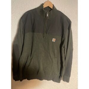 Carhartt Mens XL 1/4 Zip Sweater Olive Green Canvas Overlay Workwear Pullover